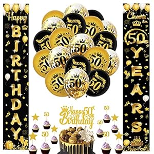 TOLOYE 50. Geburtstag Deko,Schwarzes und Gold 50.Geburtstagsfeier Dekorationen Banner Hintergrund mit Latex Konfetti…