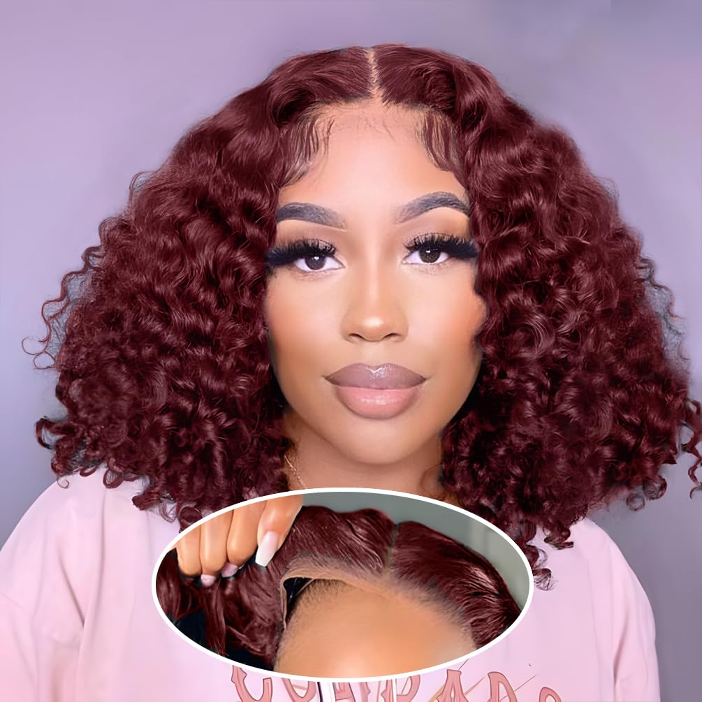 Wear and Go - Peluca sin pegamento, precortada, estilo Bob 4x4, rizada, encaje frontal, pelucas de cabello humano de densidad del 180 %, para mujeres negras, borgoña, 10 pulgadas