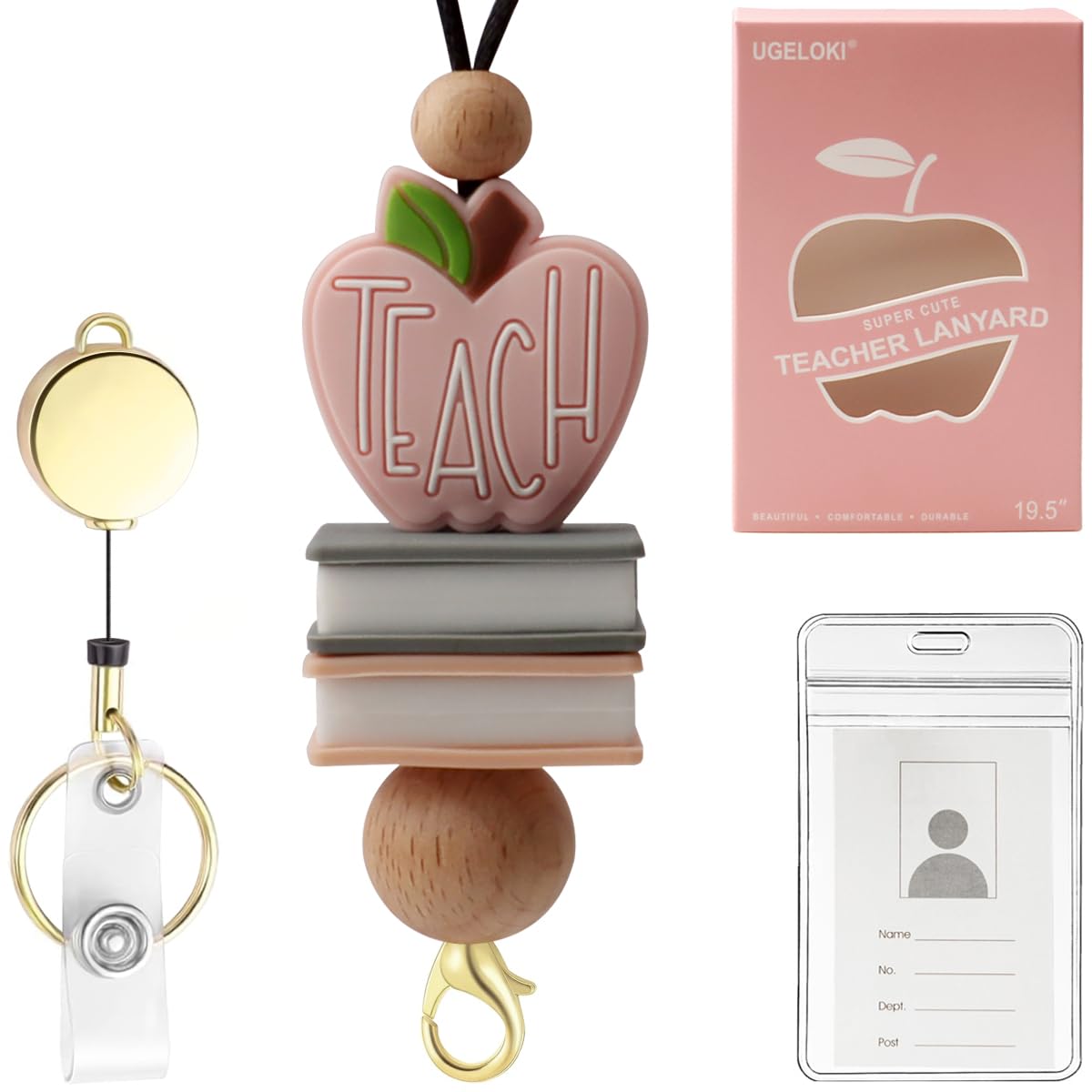 UGELOKI Teacher Lanyards for ID Badges and Keys, Super Cute Silicone Beaded Lanyard Retractable for Women, Teacher Appreciation Gift