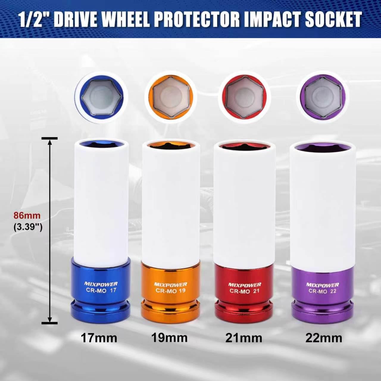 MIXPOWER Juego de 4 llaves de vaso de impacto con protector de rueda de transmisión de 1/2 pulgada, juego de 4 llaves de vaso de impacto profundo de pared fina, casquillo de tuerca de plástico