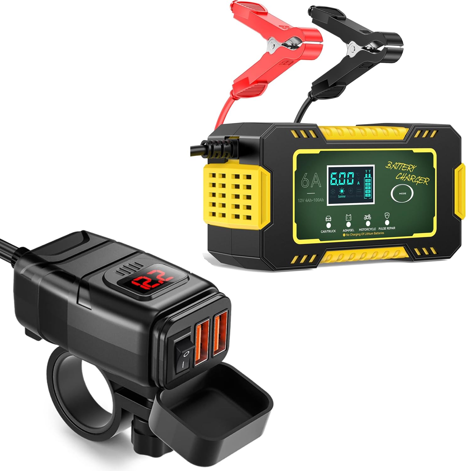EXTRACTMEMotorcycle Dual USB Phone Charger + Motorcycle 12V 6A Battery Charger & Smart Maintainer