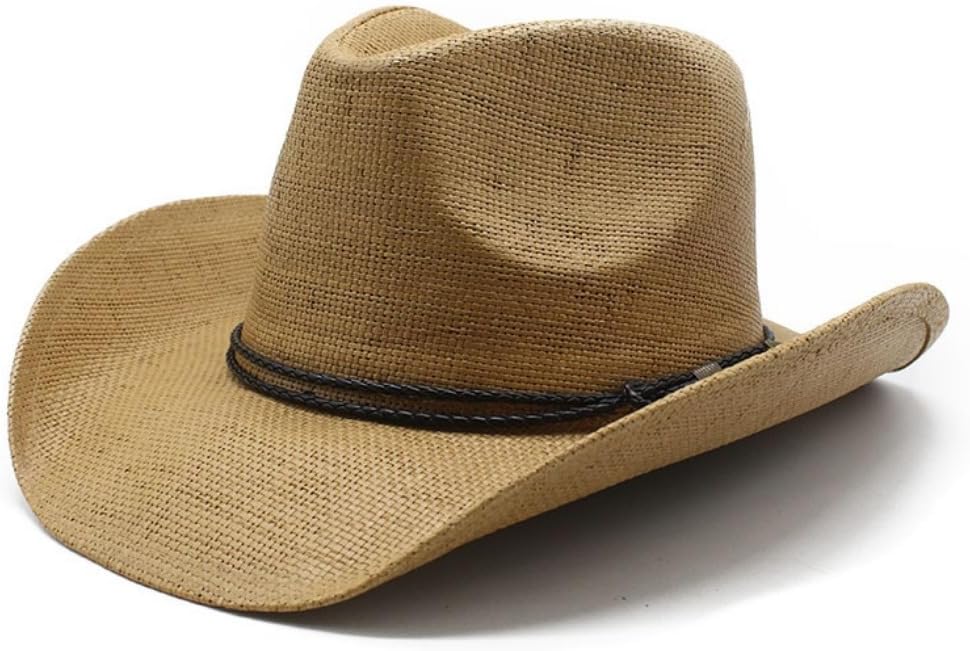 Western Cowboy Hat, Natural Straw, Braided Leather Band, Wide Brim