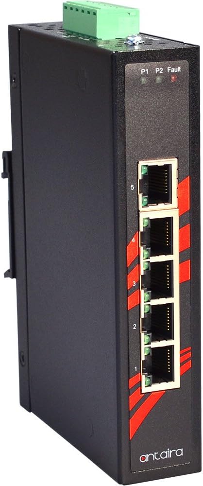 Antaira LNX-500A-T Industrial-Grade 5-Port Unmanaged Fast Ethernet Switch, DIN-Rail Mount, -40 to 75°C Operating Temperature, Redundant 12 to 48 VDC Power Input