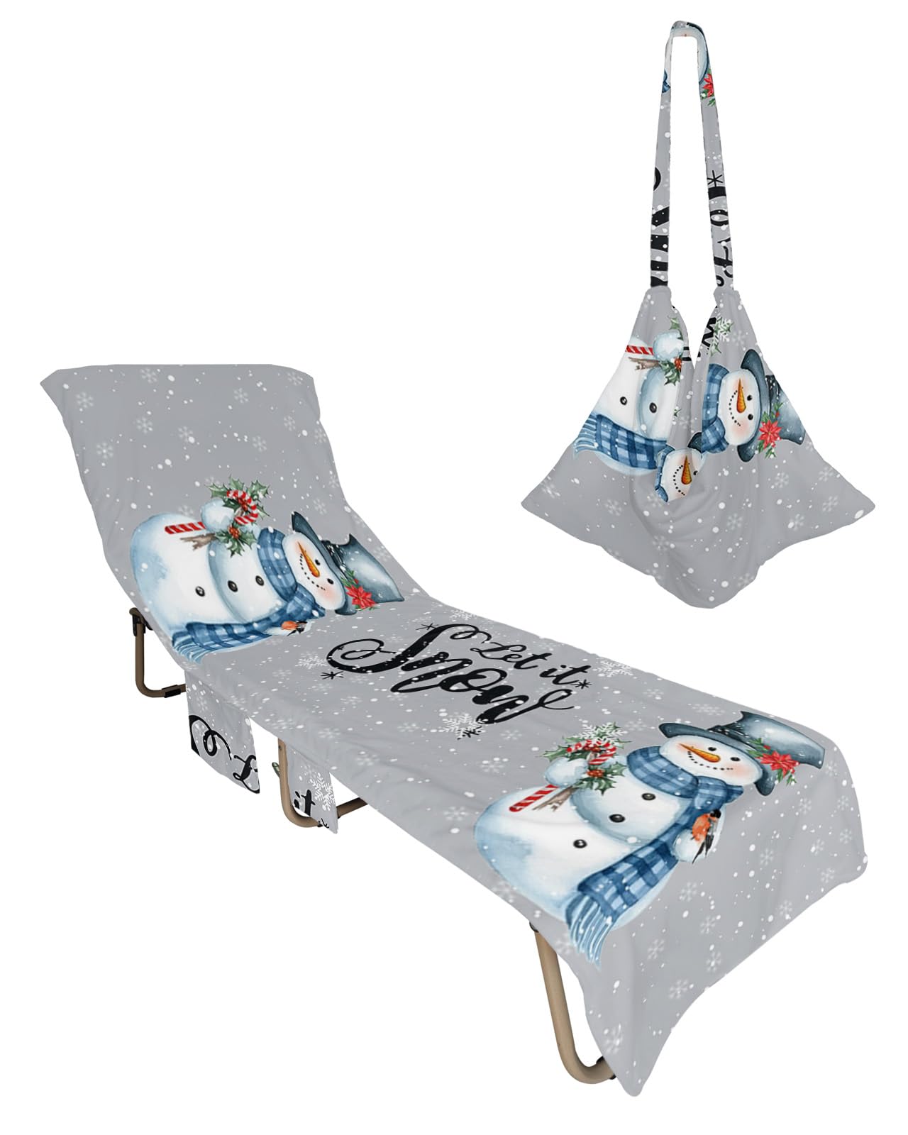 Christmas Snowman, Beach Lounge Chair Towel Cover, Soft Chaise Lounge Towel with Side Pockets Patio Pool Chairs Cover for Beach/Pool Sunbathing 29x85 Winter Red Xmas Flower Bird Grey
