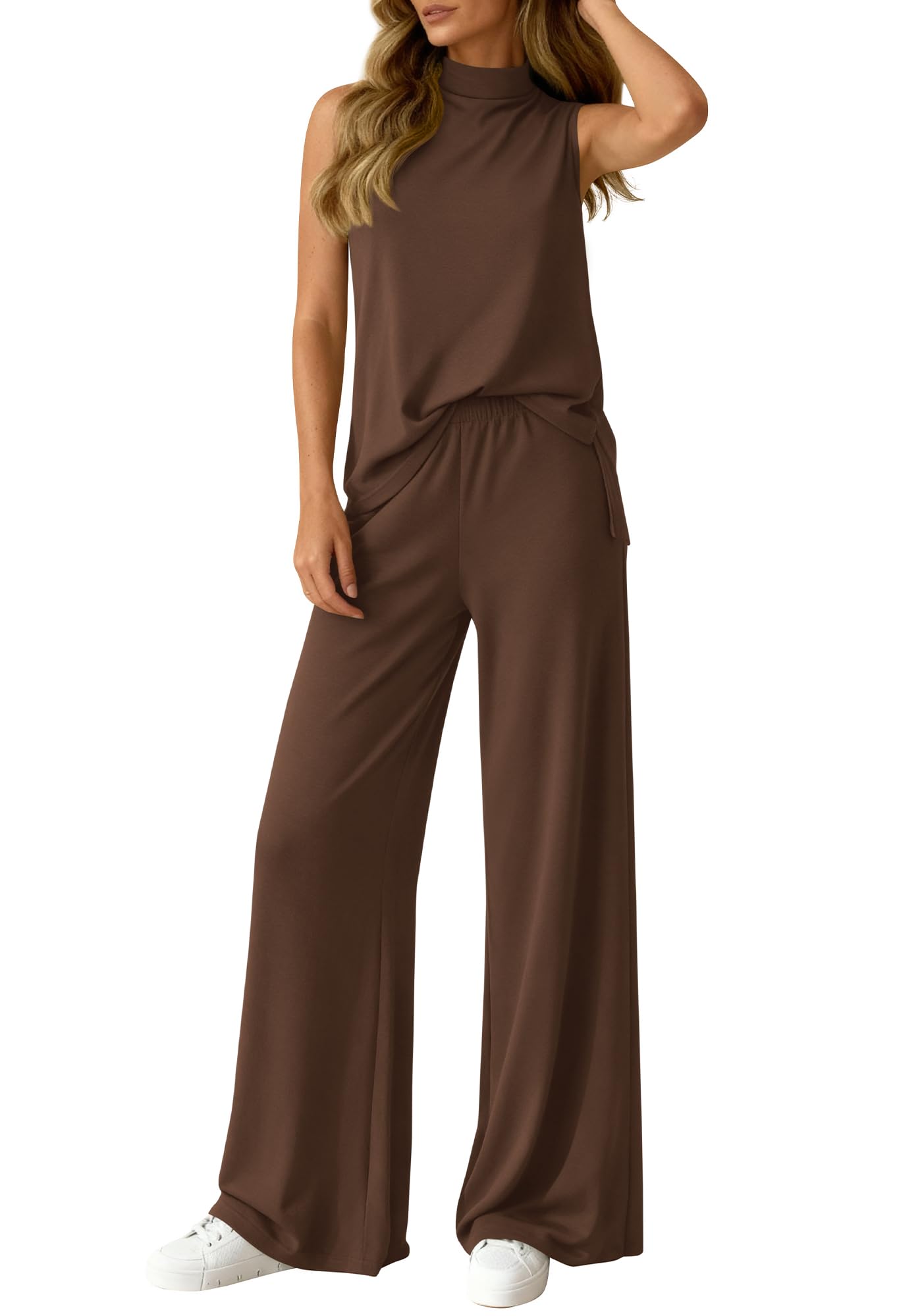 2 Piece Outfits For Women Airport Travel Summer 2026 Loose Mock Neck Sleeveless Wide Leg Pants Workout Lounge Sets-image-31