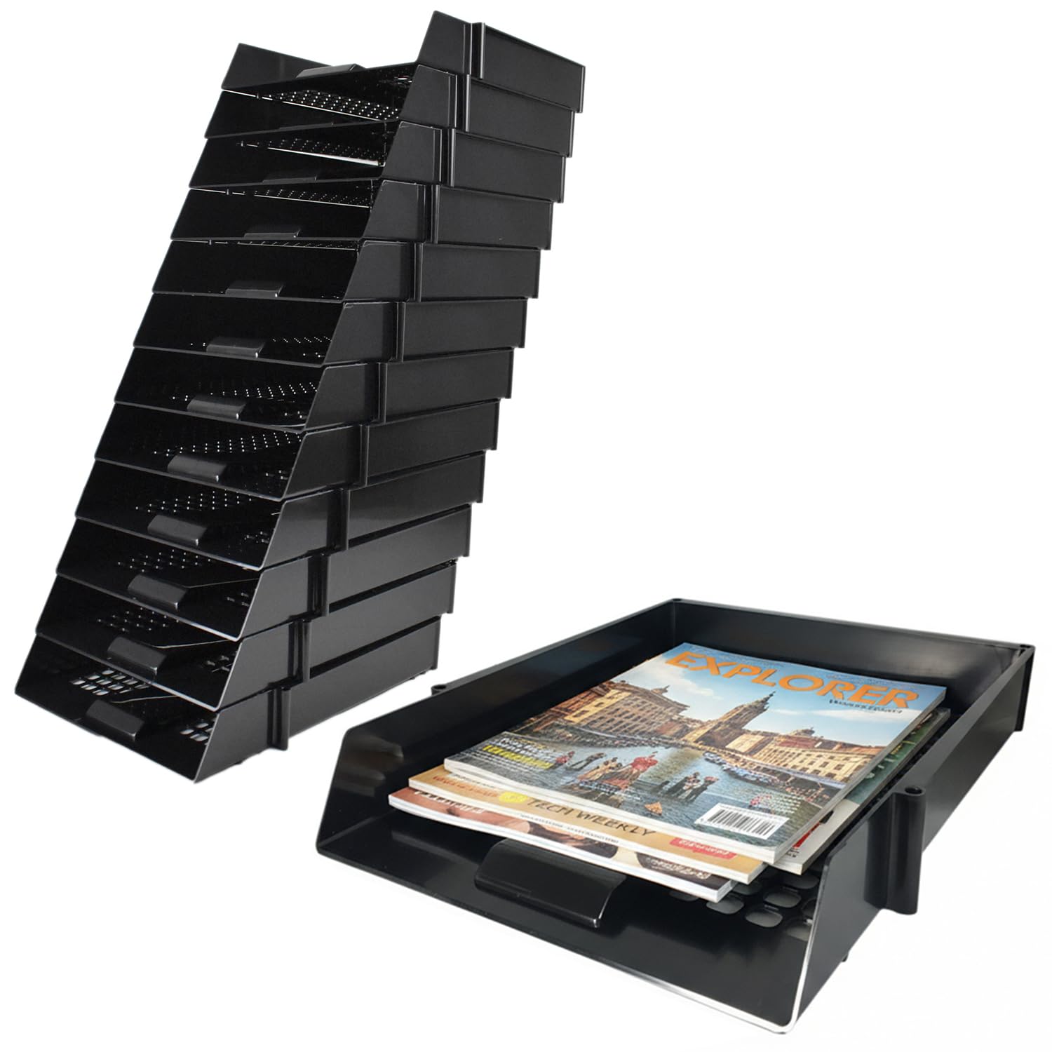 Deflecto A4 Pk of 12 x Essential Letter Tray In Black, A4 paper tray organiser, letter organiser storage, desk trays - CP043YTBLKX12 - Pk of 12
