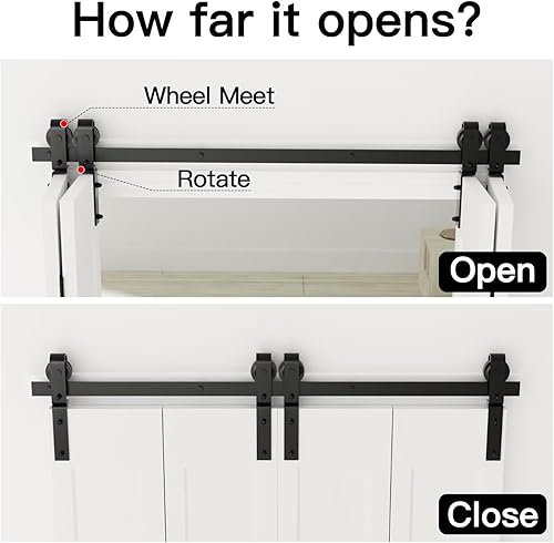 Miniatura 9 de Kit de herrajes para puerta de granero plegable individual de 30 pulgadas, ruedas de polea silenciosa, longitud de riel de 34 pulgadas, puerta no