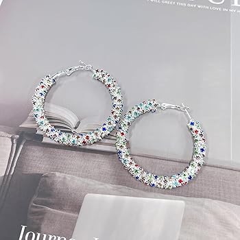 GRANDI ORECCHINI A CERCHIO 3 POLLICI STRASS IRIDESCENTE - Foto 9