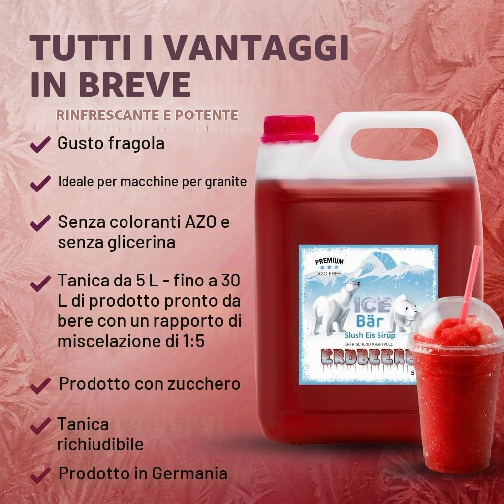 ICE Bär SLUSH Sciroppo 12 Varietà Fruttate Concentrato | Sapore Fragola | Slushy Maker Ice Per Ice Cream Maker Sciroppo Macchina Per Bevande (5L (Confezione Da 1))