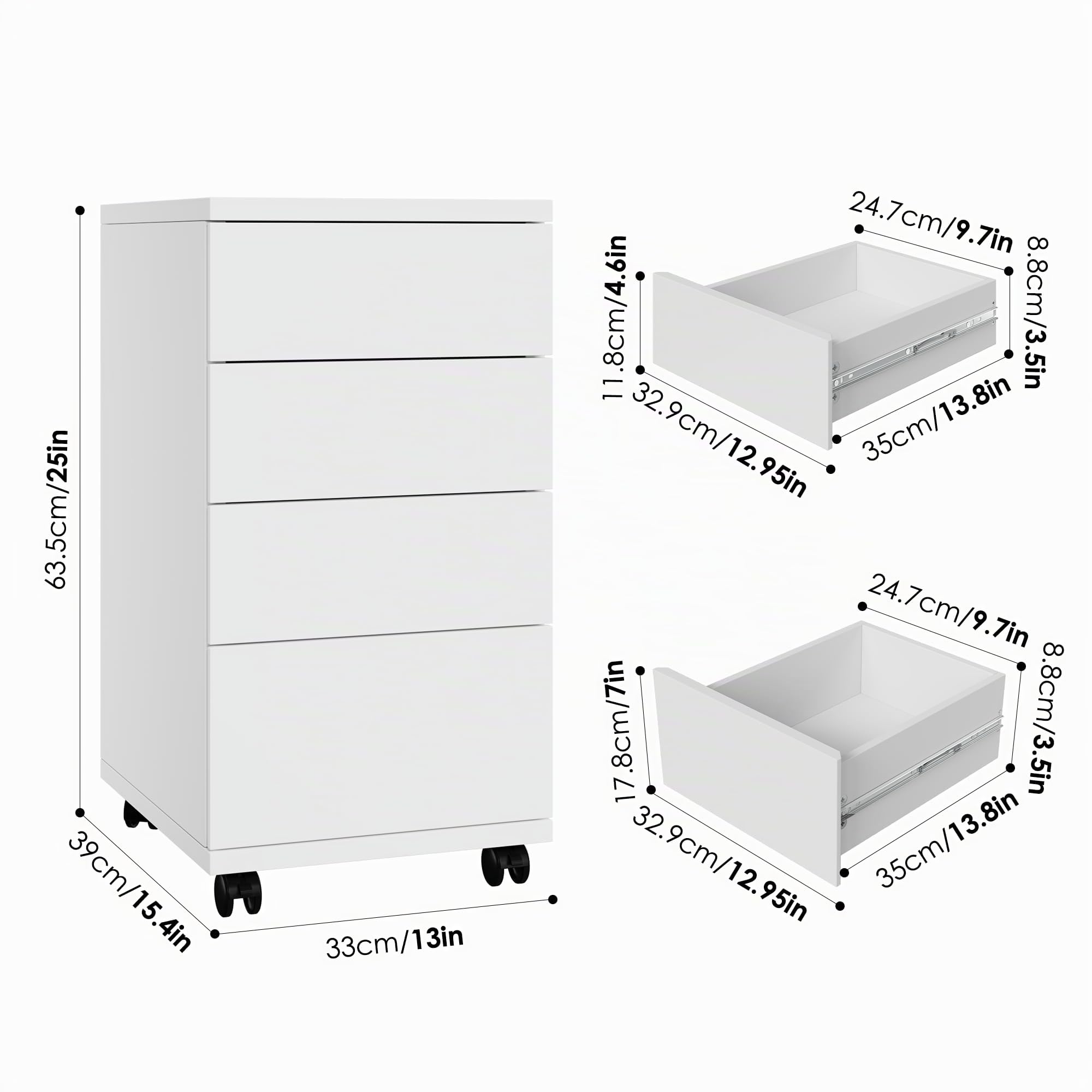 HOCSOK Armadietto da Ufficio con 4 Cassetti, Armadio di Archiviazione Rimovibile Sotto la Scrivania, Cassettiera Schedario da Ufficio per Ufficio, Studia (Bianco)
