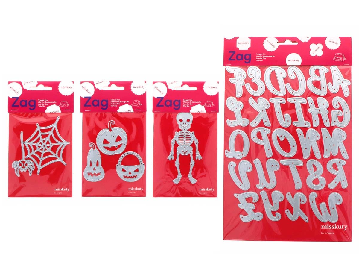 Set 4 Troqueles finos ZAG Halloween y Abecedario Para cortar papel, cartulina, goma EVA y hojas de aluminio para proyectos de tarjetería, scrapbooking y manualidades