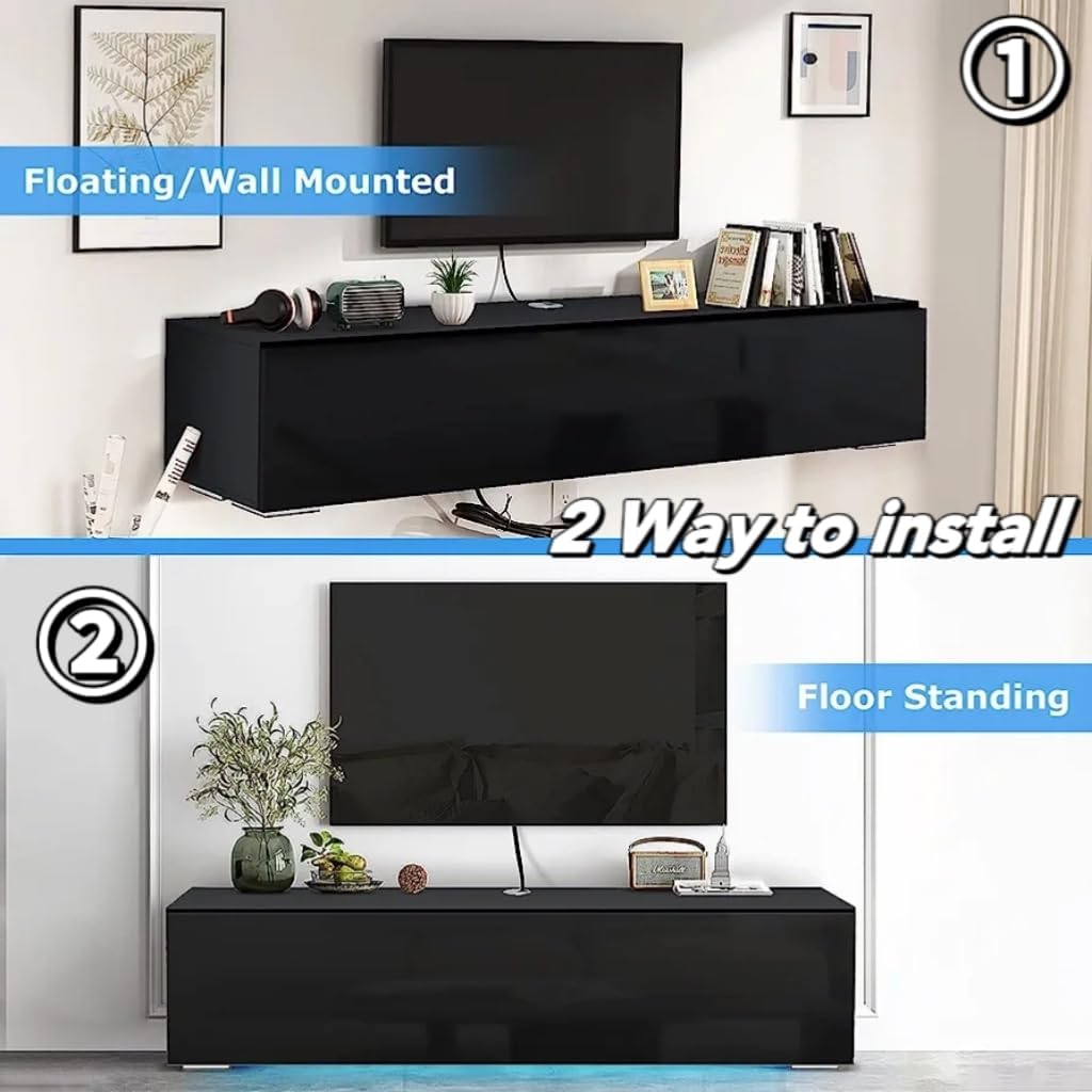 HOMMPA Floating TV Stand with Led Light for 63 Inch TVs Wall Mounted Led Entertainment Center Black with High Gloss Storage Modern Floor Mounted Media Console with Led Light for Living Room