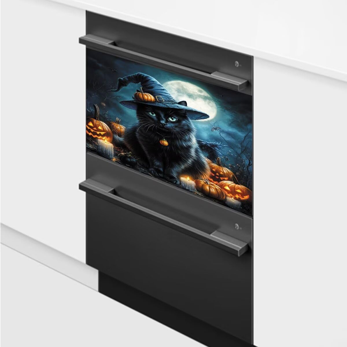 Kitchen Decor Black Cat Under The Moon Dishwasher Magnet Cover,Halloween Pumpkin Fridge Door Magnetic Panels, Refrigerator Magnetic Decals for Home Appliance 23" x 17" Magnetic