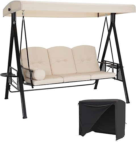 Miniatura 17 de AECOJOY Columpio para porche al aire libre, columpio de porche de 3 asientos con toldo ajustable, columpios al aire libre para adultos con cojines