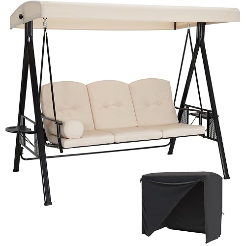 AECOJOY Outdoor Porch Swing with Cover, 3-Seat Patio Swings with Adjustable Canopy, Outside Swing for Adult with Beige Removable Cushions for Backyard, Garden, Yard, Poolside, Balcony