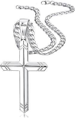 Besteel 925 Sterling Silver Cross Necklace for Men Women, 5MM Durable Stainless Steel Non Tarnish Cuban Link Curb Chain with Silver Cross Pendant, Mens Cross Crucifix Necklaces Jewelry 16-30 Inches