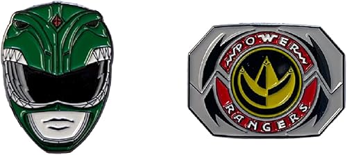 Power Rangers Green Ranger - Máscara y emblema Tommy con licencia oficial de 2 pines esmaltados, color verde, blanco