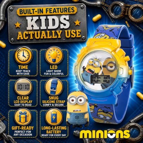 Image of Minions Kids Watch - Flashing Dial Lights, LCD Display, Adjustable Comfortable Strap, Collectible Tin - Perfect for Boys and Girls