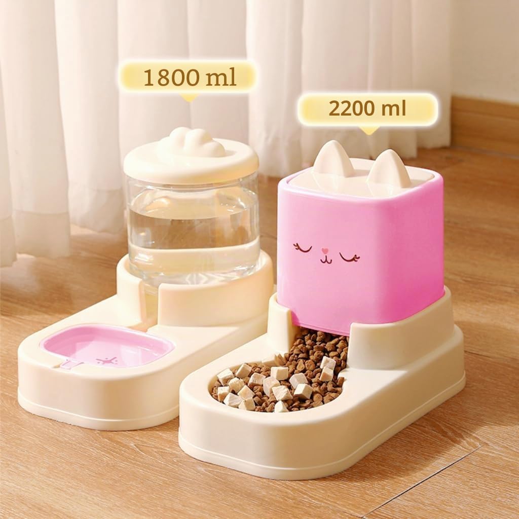 dispenser crocchette gatto,distributore cibo gatti, 2 ciotole con erogatore d'acqua 2,2 l + 1,8 l (rosa)