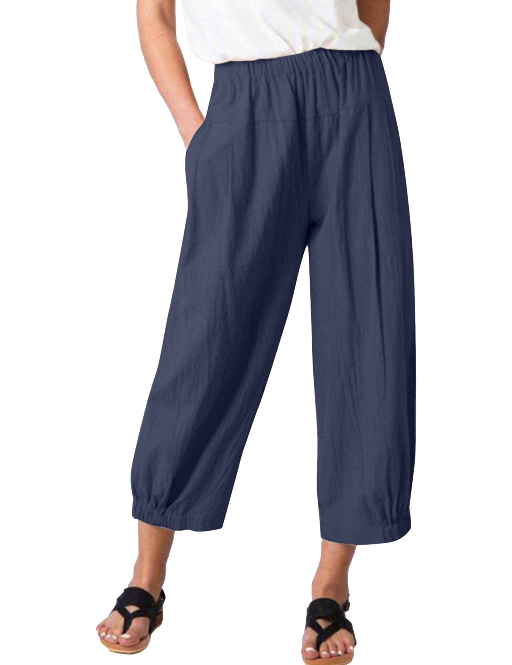 Zontroldy Linen Capri Pants for Women High Waisted Wide Leg Yoga Capris Crop Pants Sweatpants with Pockets