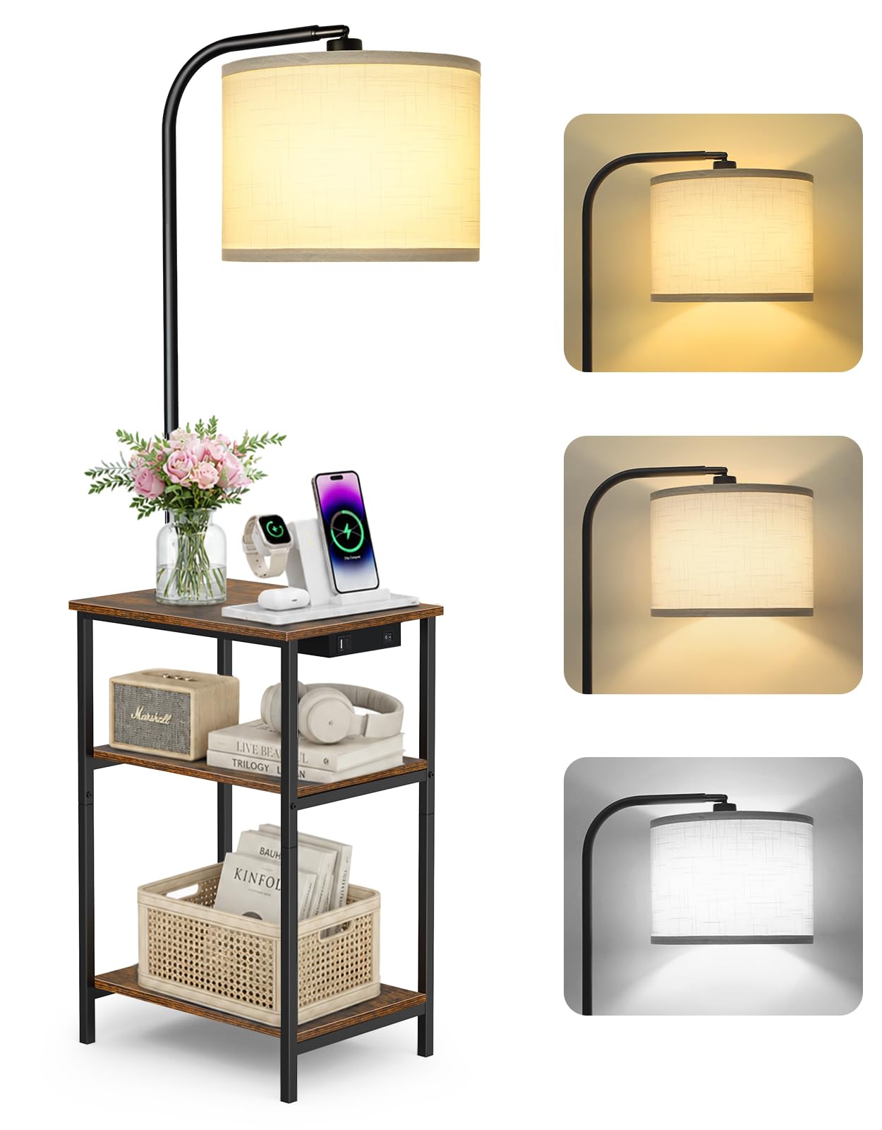 OUTONLIFE Floor Lamp with Side Table & Charging Station, End Table with 3 Color Temperatures & 12W LED Bulb, Open Storage Shelves, Dimmable Modern Table Lamp for Living Room, Bedroom & Office