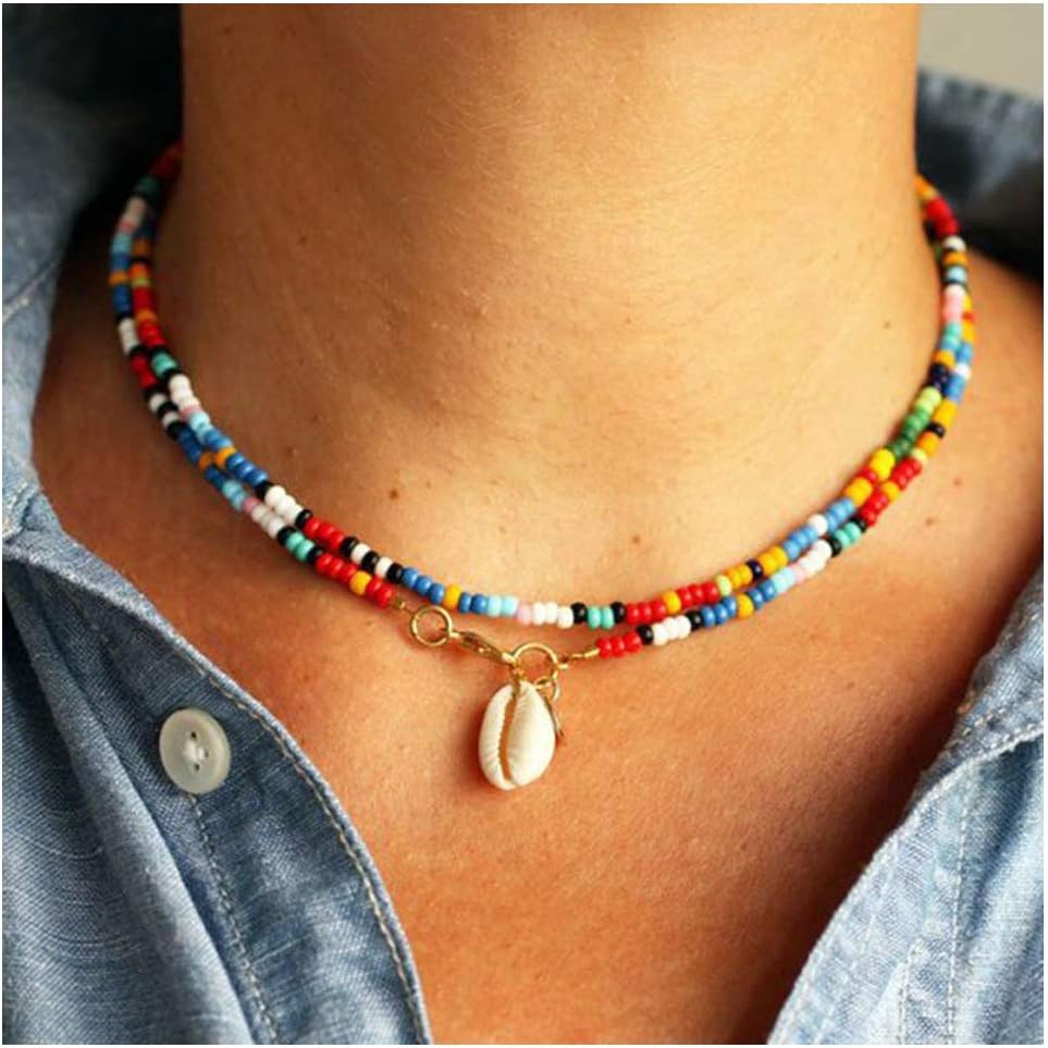 RiymusryRiymusry Bead Choker,Bohemian Colorful Bead Choker Necklace Summer Beach Shell Necklace Adjustable Hawaii Style Boho Beach for Women (Color 1)