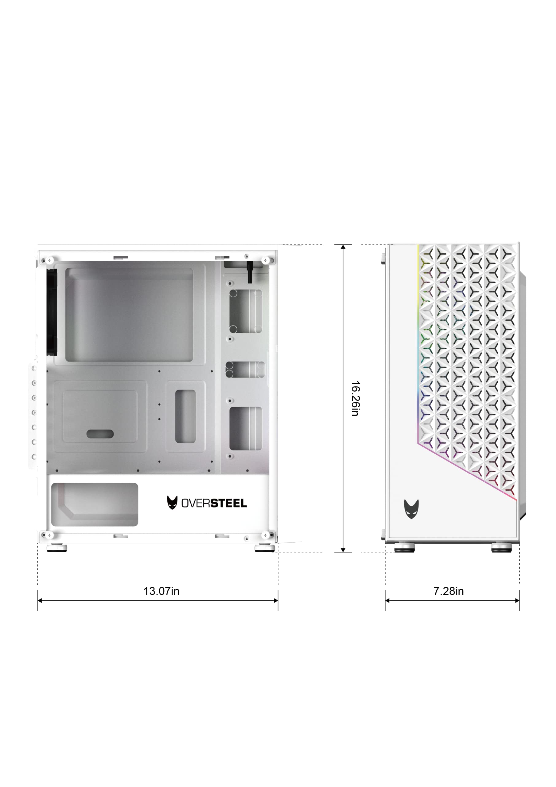 Oversteel - Iridium Obudowa dla graczy kompatybilna z płytami ATX, Micro ATX i ITX, wentylator 120 mm A-RGB, siatkowy front, 2 filtry przeciwkurzowe, hartowane szkło boczne, USB 3.0, bialy