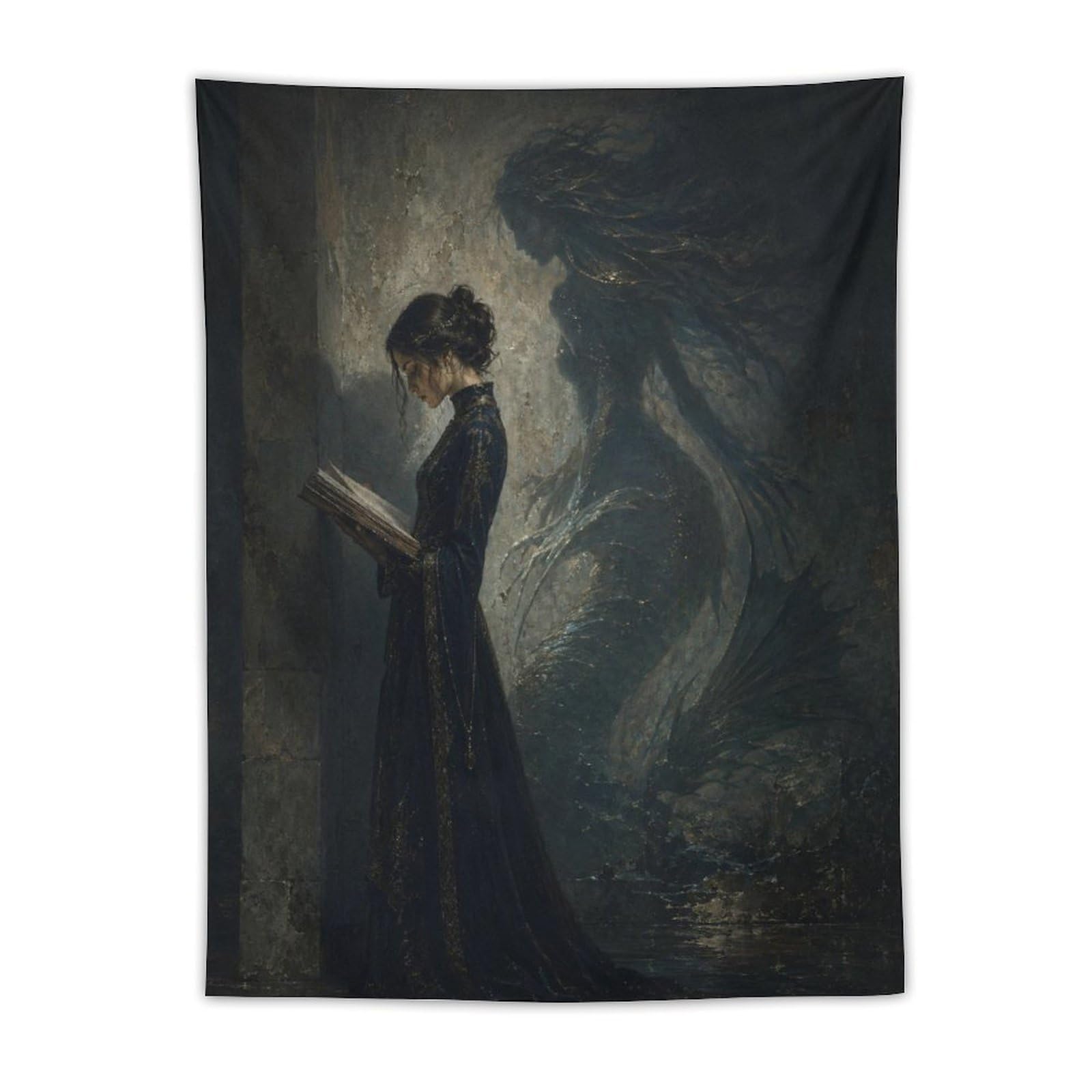 W7C8U2X3 Woman Reading Dragon Shadow Wall Tapestry, Surrealist Style