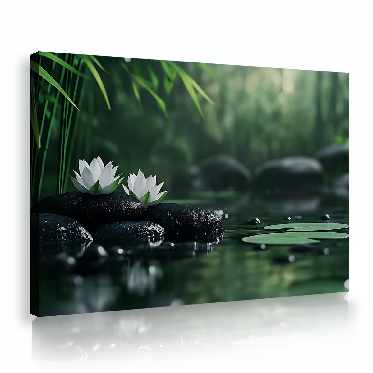 Via Vela Lotus Flower Framed Canvas Prints Spa Zen Stones Pond Lily Pad Picture Dark Green Nature Landscape Art Poster For Bathroom Massage Room Office 80x120cm
