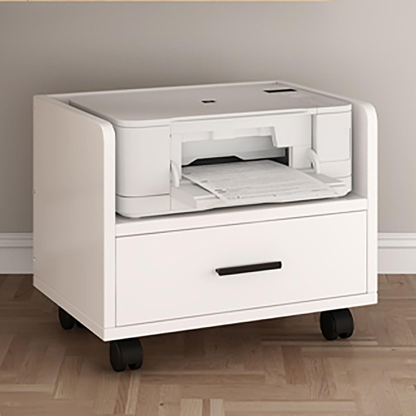 Supporto Stampante da Scrivania con Ruote, Mensola in Legno con Rotelle Bloccabili, Mobiletto Stampante Compatto con Cassetto, per Casa e Ufficio(White,L*W45*40cm/18 * 16")