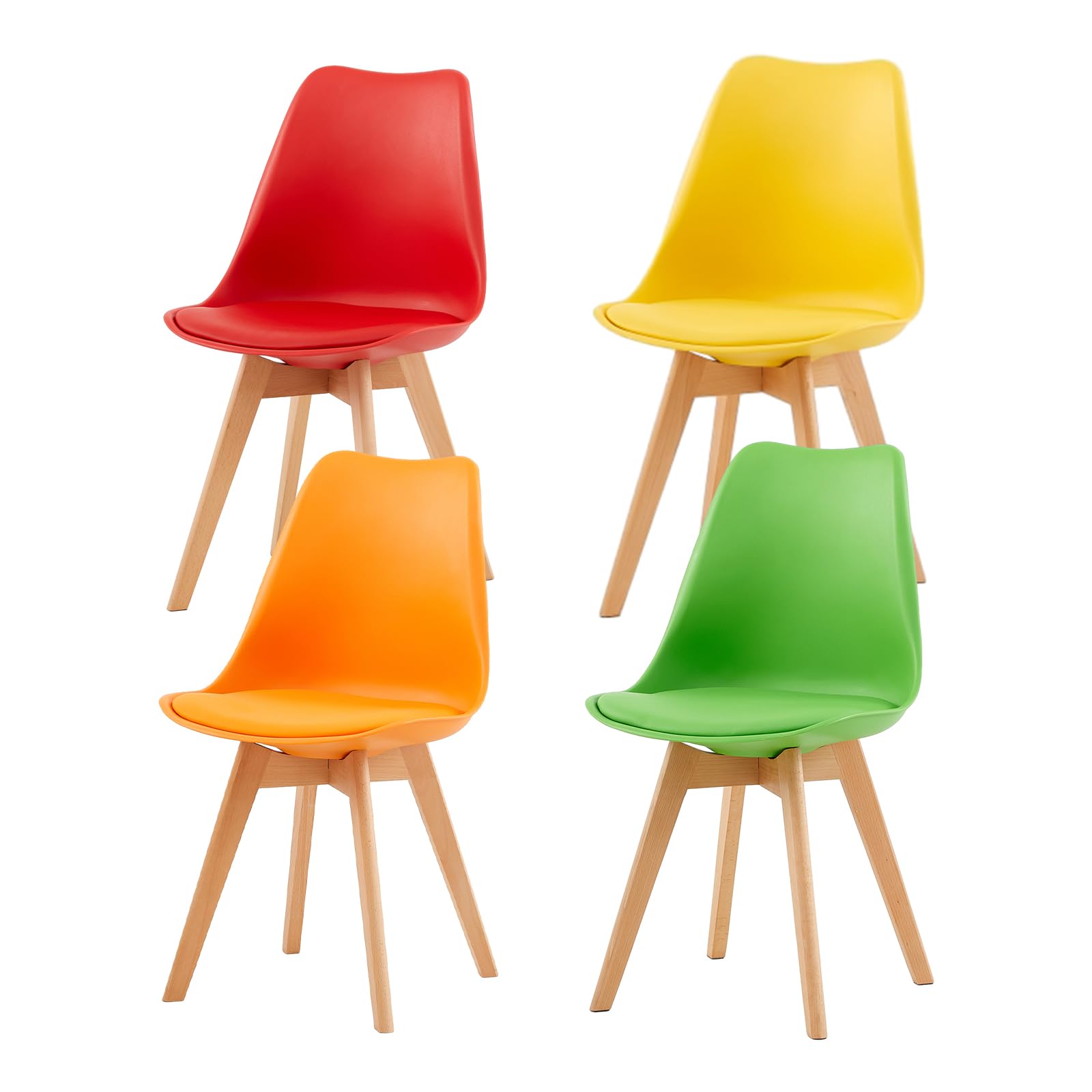 Ensemble de salle à manger avec 4 chaises, 4 chaises rectangulaires pour salon, cuisine, bureau (table blanche + chaise rouge, jaune, vert et orange)