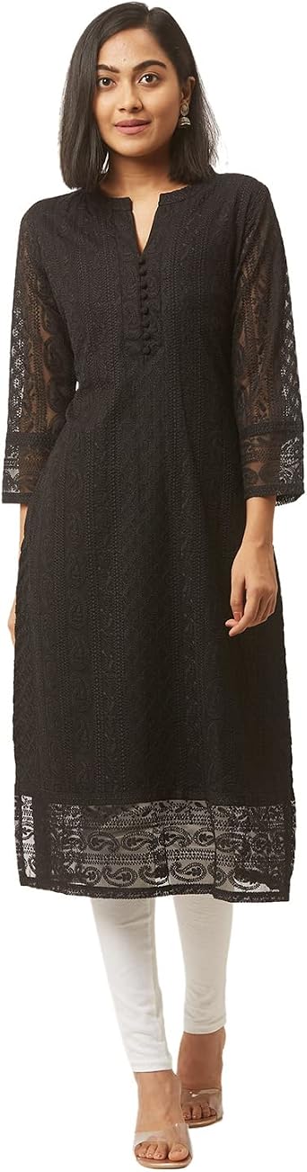 Zola Exclusive Georgrtte V Neck with 3/4th Sleeves and Calf Length Lucknowi Chikankari Ethnic Wear Straight Kurta for Women US, Alpha, 5X-Large, Regular, Long Black