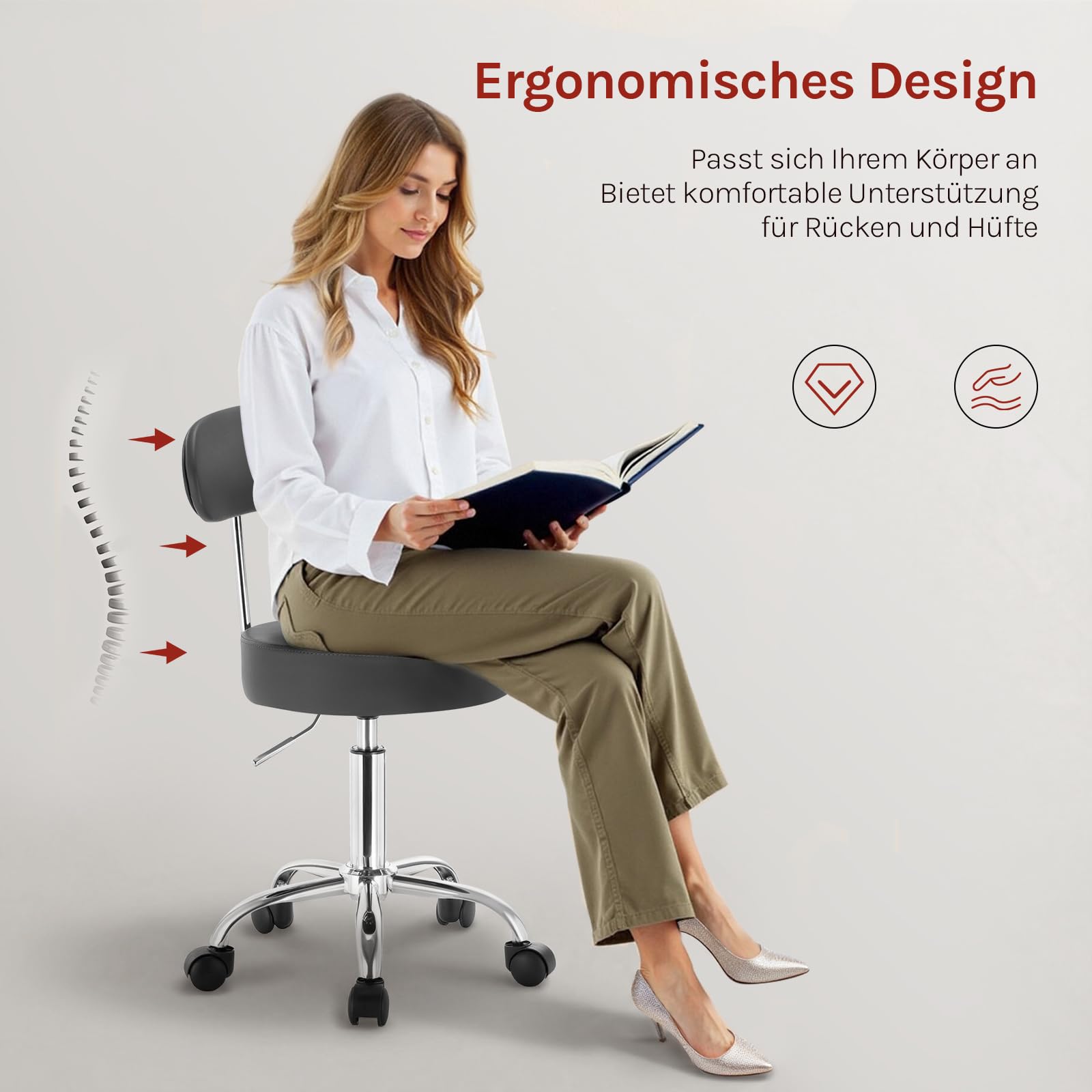 WOLTU Rollhocker Schminkhocker Hocker höhenverstellbar mit Rollen & Lehne Grau Arbeitshocker 360° Drehhocker Bürostuhl Kosmetikhocker für Werkstatt, Schönheitssalons, Studios, Tätowierungen