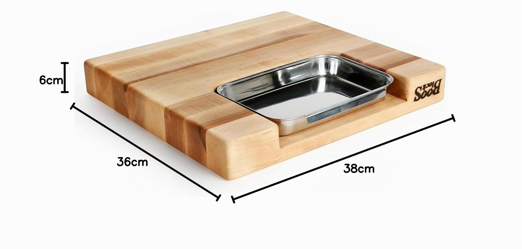 Boos Block Tabla Cortar con Recipientes - Ranura Para Jugo - 38 x 35 x 6 cm | Tabla Cortar Cocina Profesional - Reversible - Tabla Madera Cocina Grande - Extra Gruesa