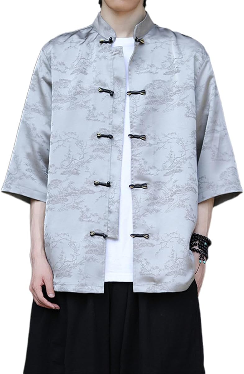 Men's Shirt Summer Half Sleeve Iced Silk Mandarin Collar Jacket