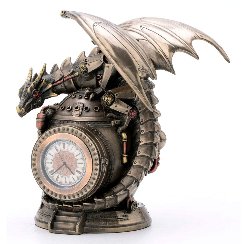 Veronese Design 17,8 cm Steampunk Mechanischer Drache auf der Zeitmaschine Bank Tresor Schmuckkästchen Uhr Antik Bronze Finish Statue