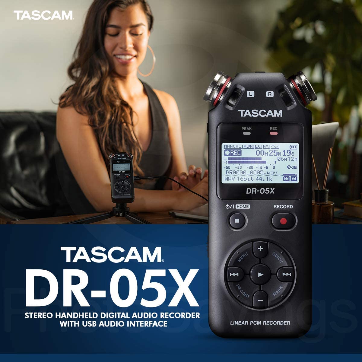 Tascam DR-05X 2-Input / 2-Track Portable Stereo Handheld Digital Audio Recorder and USB Audio Interface (Black) with Deluxe Accessory Bundle