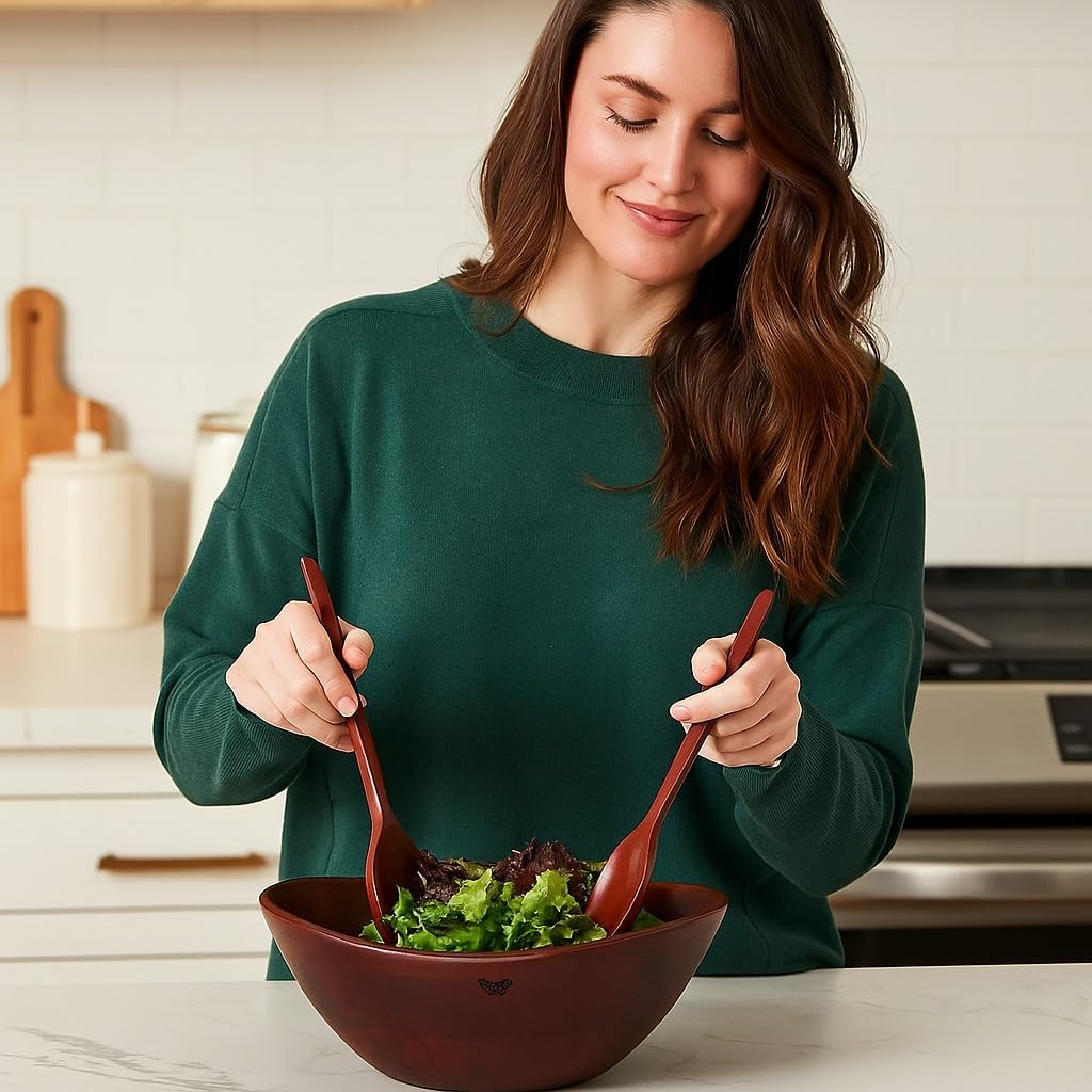 Melvvi Large Wooden Salad Bowl Set with 2 Serving Utensils | 12" Acacia Wood Royal Brown color Bowls for Food | Great Gift for Mothers Day (Royal Set of 3)