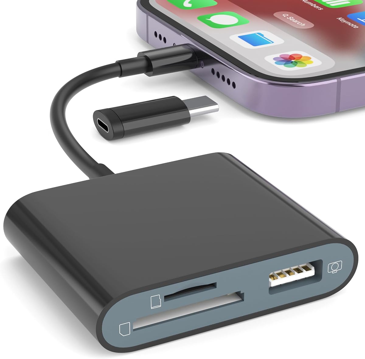SD Card Reader for iPhone, Memory Card Reader with USB-C to Light-ning Adapter Plug and Play Trail Game Camera Micro SD Card Viewer Support SD/TF Card and USB for iPad No App Required (Black)
