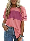 Womens Color Block Tops 2025 Summer Striped Short Sleeve T-Shirt Casual Crewneck Tunic Blouses Loose Fitted