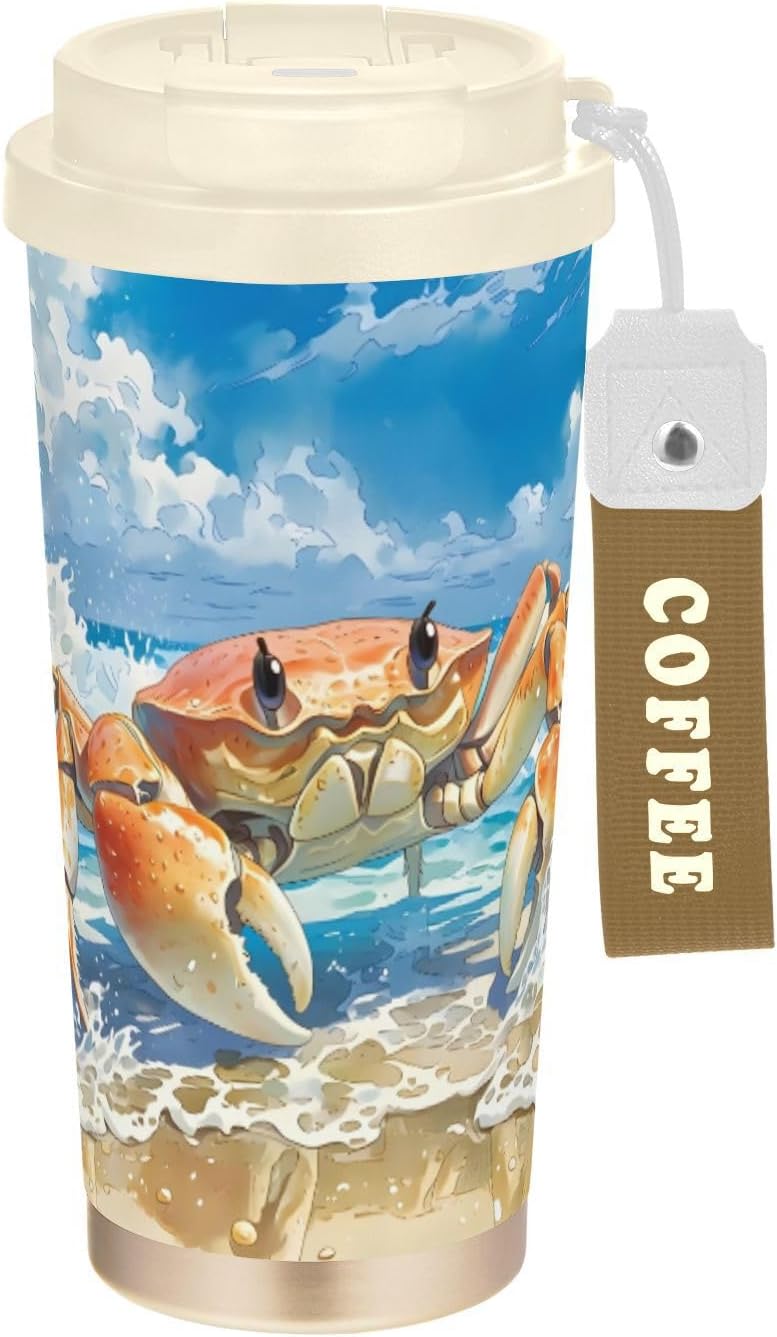 Insulated Coffee Mug Crab Beach with Straw & Flip Lid, 16.9oz Iced Tumbler Cup, Double Wall Vacuum Mug for Travel Office Camping