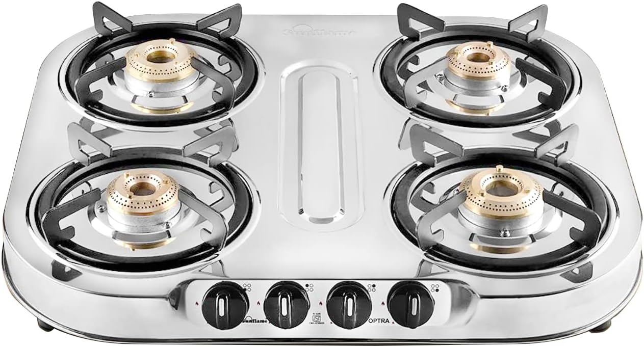 Sunflame¬†Optra 4 Burner Gas Stove | Curved Edges Stainless Steel Body | 2-Years Product Coverage |¬†2 Medium and 2 Small Brass Burners | Manual Ignition | PAN India Presence | Silver