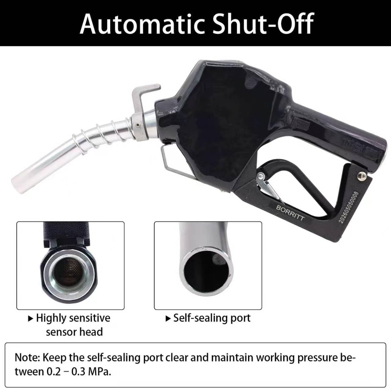 3/4" Inch NPT Auto Fuel Nozzle Automatic Shut Off Pressure Sensitive W/360° Hose Swivel Gas Fuel Transfer Pump Nozzle,13/16" Spout,Copper Valve, 16 gpm Flow Rate for Diesel,asoline,Black+Hook
