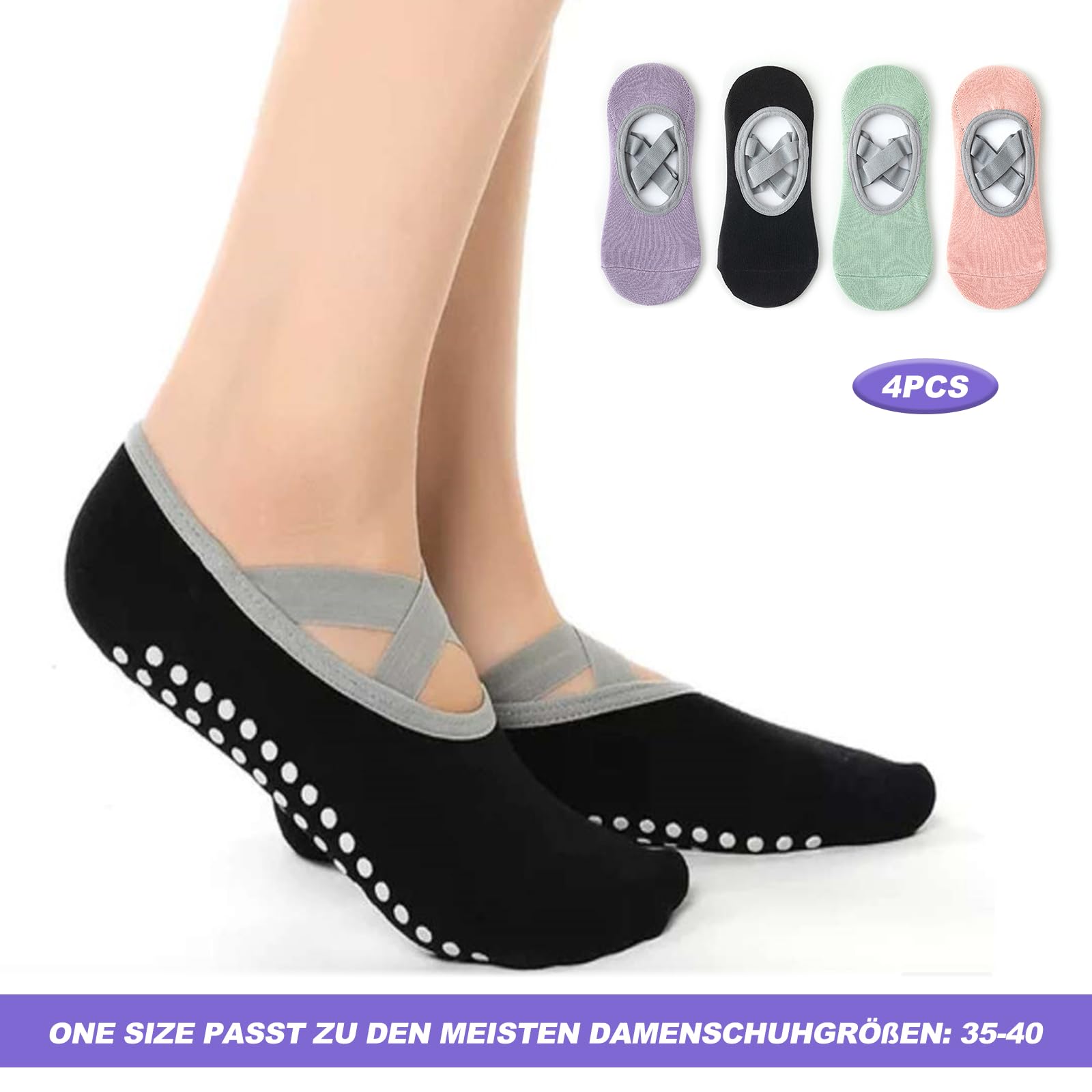 Skarpety do jogi, 4 pary damskich skarpet do jogi, antypoślizgowe, z paskiem, skarpety do pilatesu, baletu, pilatesu, tańca, treningu z poduszką
