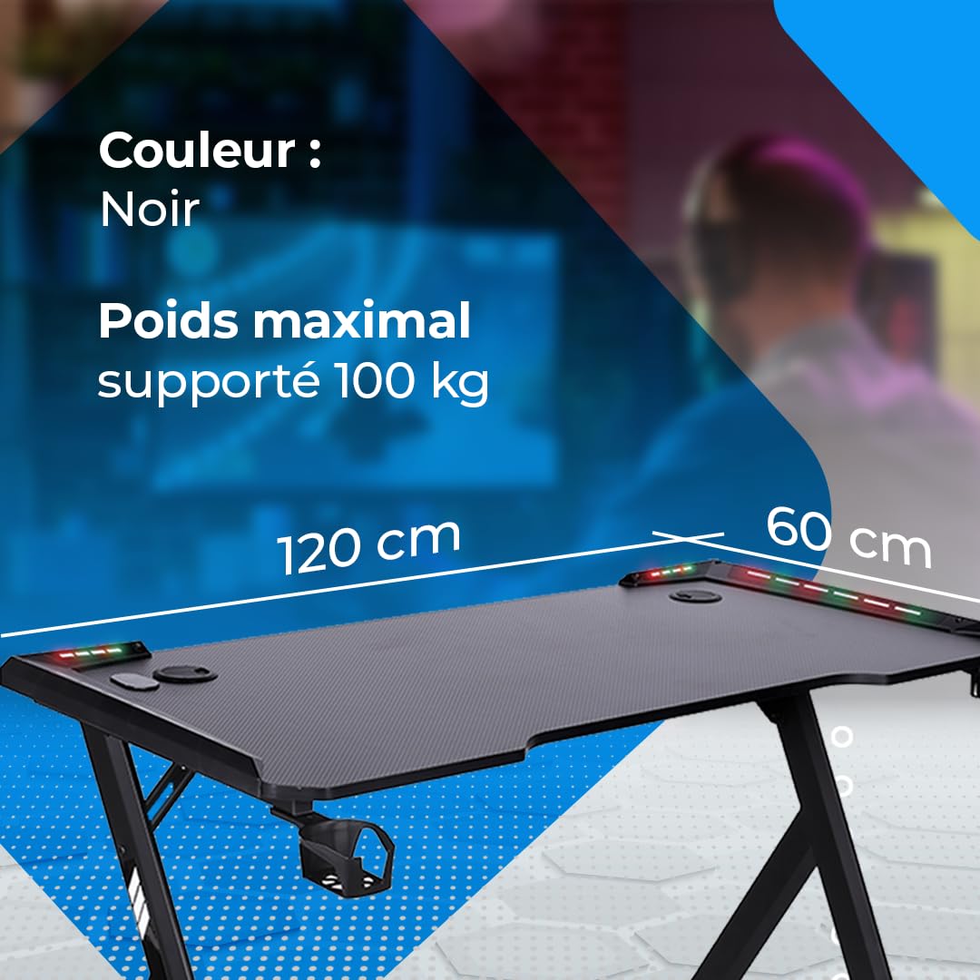 NK Bureau Gaming LED Ergonomique (120X60cm) - Porte-gobelets et Bouteilles, Support pour Casque, Gestion des Câbles, Bureau de Jeu, Plateau 1.5cm (Résistance) Poids Maximum Supporté 100kg - Blanc