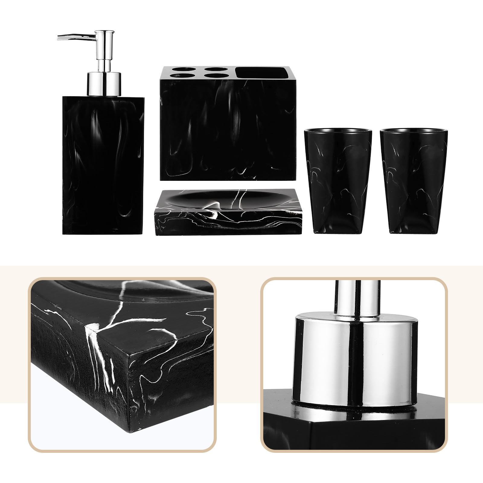 BESTOYARD Set de Accesorios de Baño en Resina Negra Estante para Cepillos de Dientes y Jabonera, Diseño Jaspeado Cómodo para Mantener el Baño Organizado