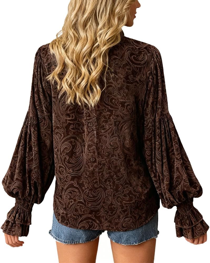 Womens Velvet Blouse Top Vintage Floral Puff Sleeve Fall Winter Loose Trendy Dressy Casual Elegant Shirts - Image 6