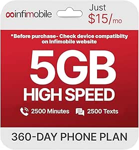 $15/Month | Infimobile Prepaid Plan: 12 Months Verizon | 5GB High-Speed Data Per Month | 2500 Minutes and 2500 Text| Prepaid Plan Service SIM Card | Nationwide Coverage | 4G, 5G Network