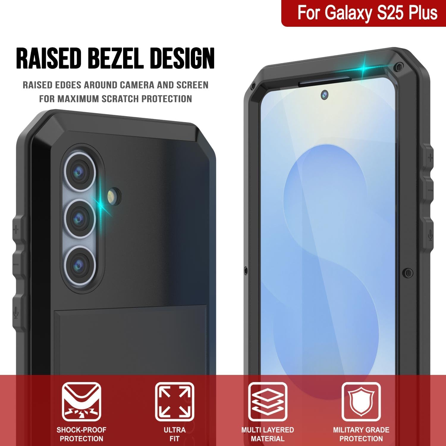 Punkcase for Galaxy S25 Plus Metal Case Heavy Duty Military Grade Armor Cover [Shockproof] Hybrid Full Body Hard Aluminum & TPU Design [Non Slip] for Galaxy S25 Plus 5G (2025) (6.7") [Black]