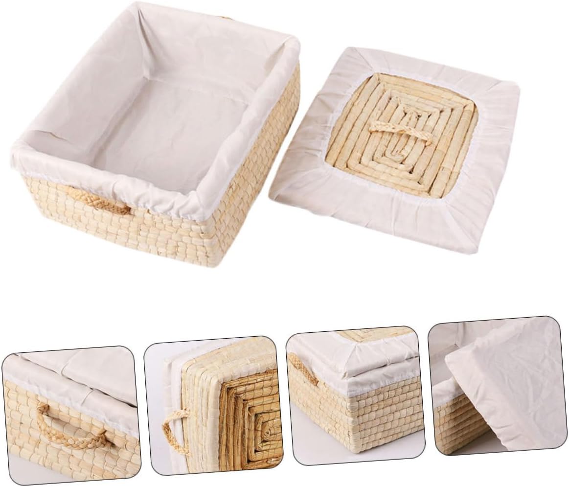 Straw Bread Storage Basket with Lid Woven Bread Organizer 25x30x14cm Insulated Food Serving Basket for Kitchen and Picnic Household Snack